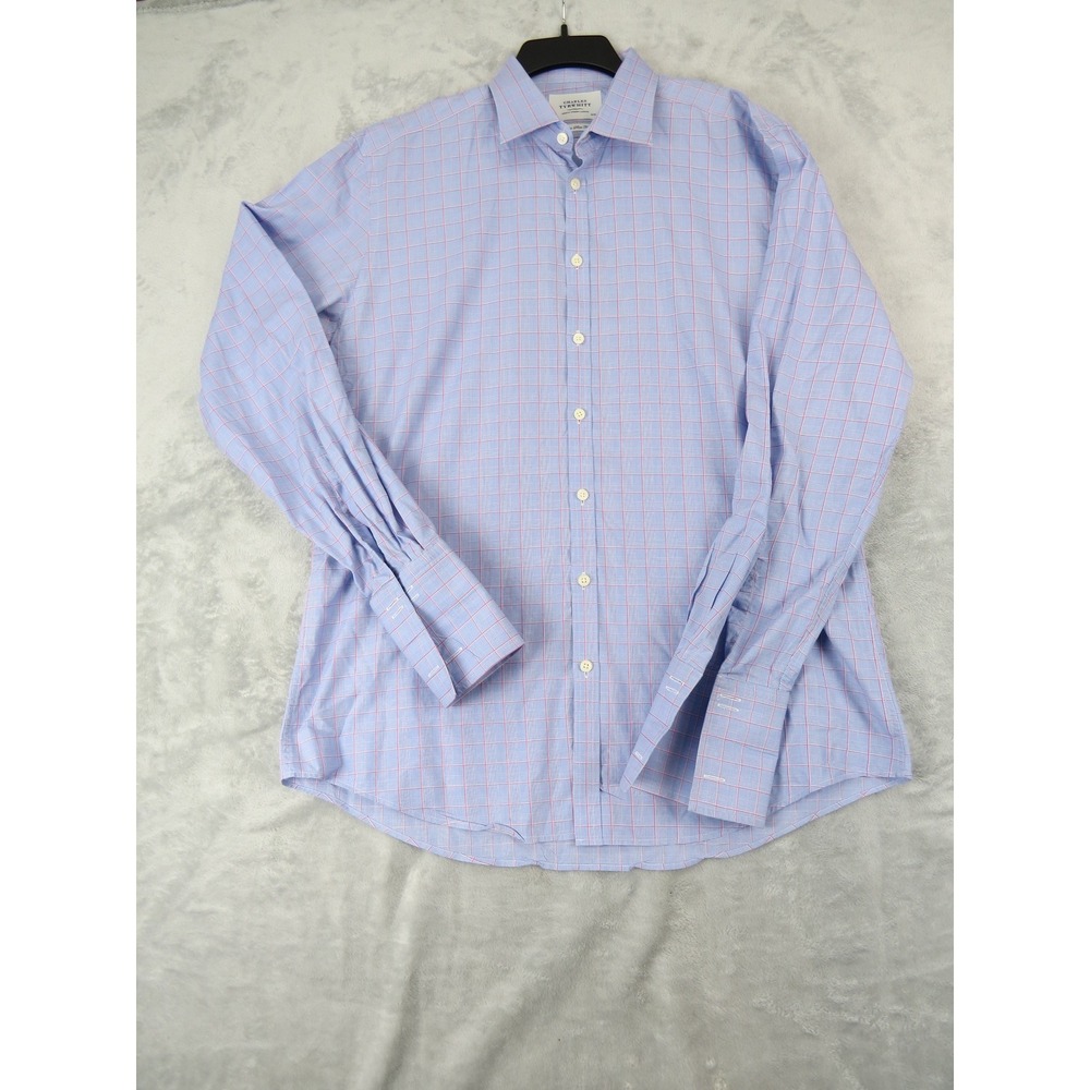 Charles Tyrwhitt Dress Shirt 17 37‎ Extra Slim Fit Blue Pink Windowpane Check